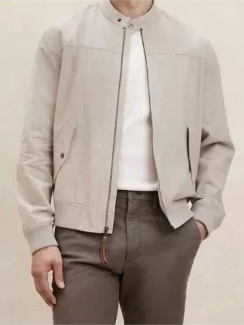 Banana Republic Mens Linen Blend Bomber Jacket Large Sand Castle Tan Zip